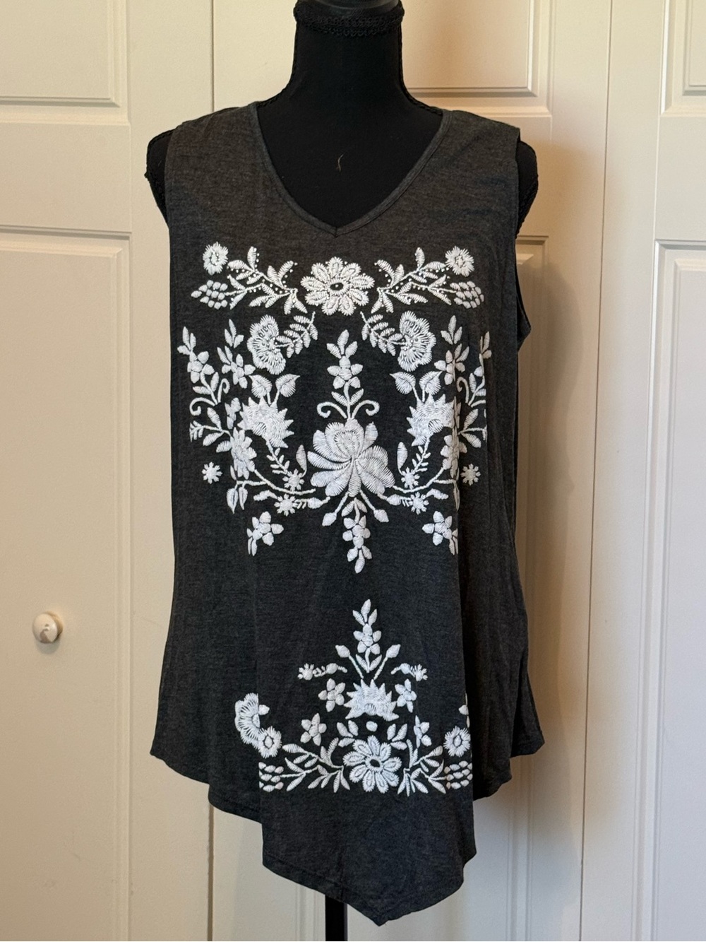 Embroidered Asymmetric Hem Sleeveless Top - Charcoal with White Floral